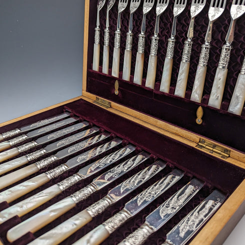 1898 British antique white mother-of-pearl handle dessert cutlery set of 12 in wooden box